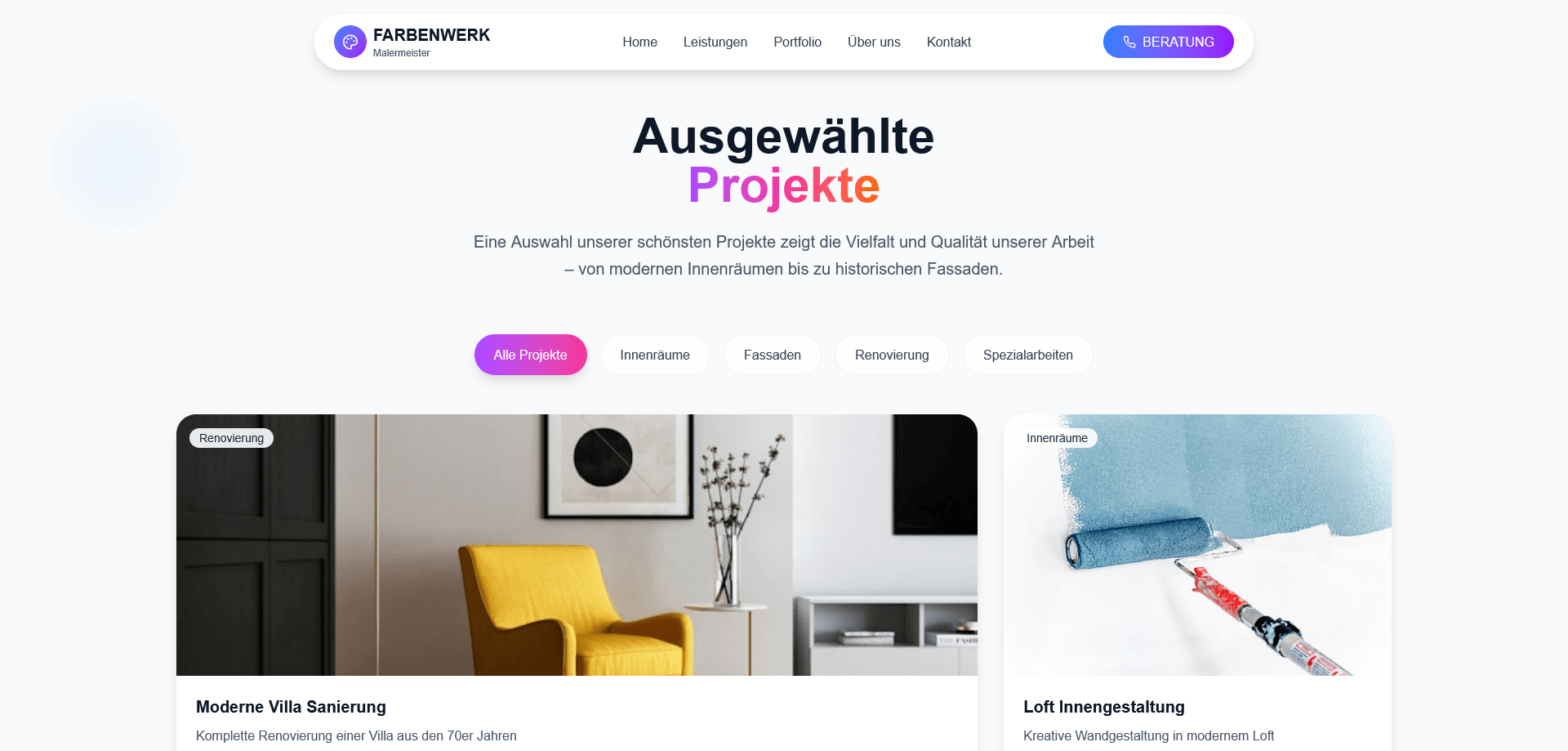 Malerbetrieb Beispiel – Screenshot